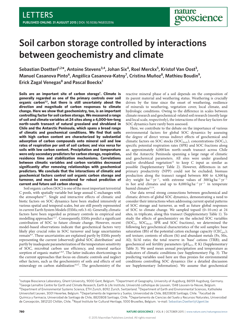 Soil Carbon Storage Controlled by Interactions Between Geochemistry and Climate