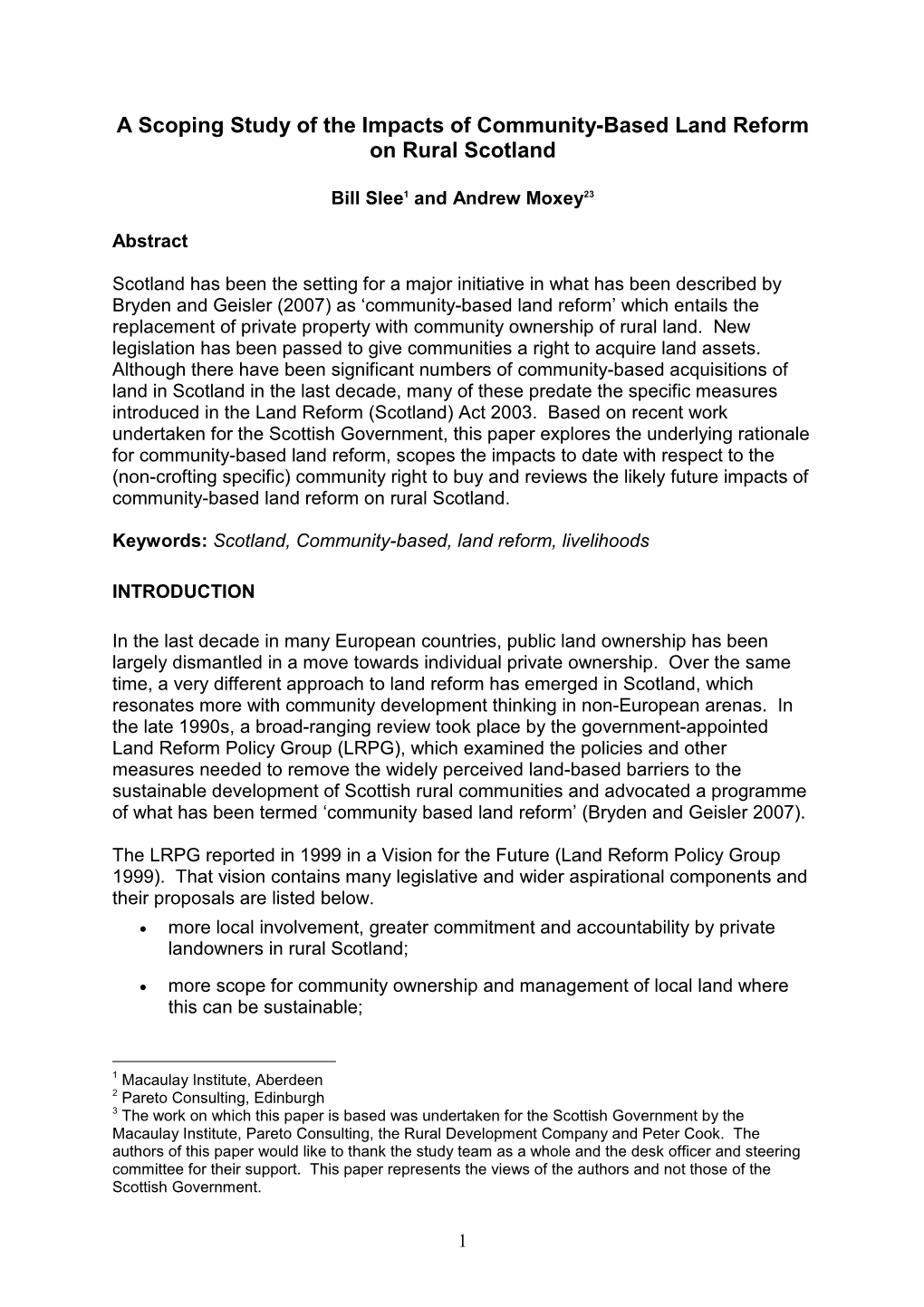 A Scoping Study of the Impacts of Community-Based Land Reform on Rural Scotland