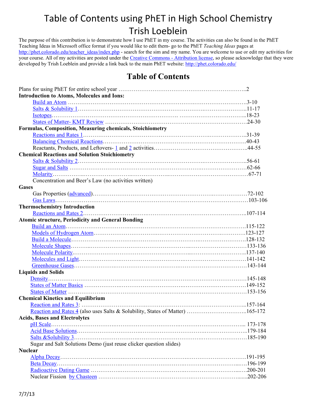 Table of Contents Using Phet in High School Chemistry Trish Loeblein