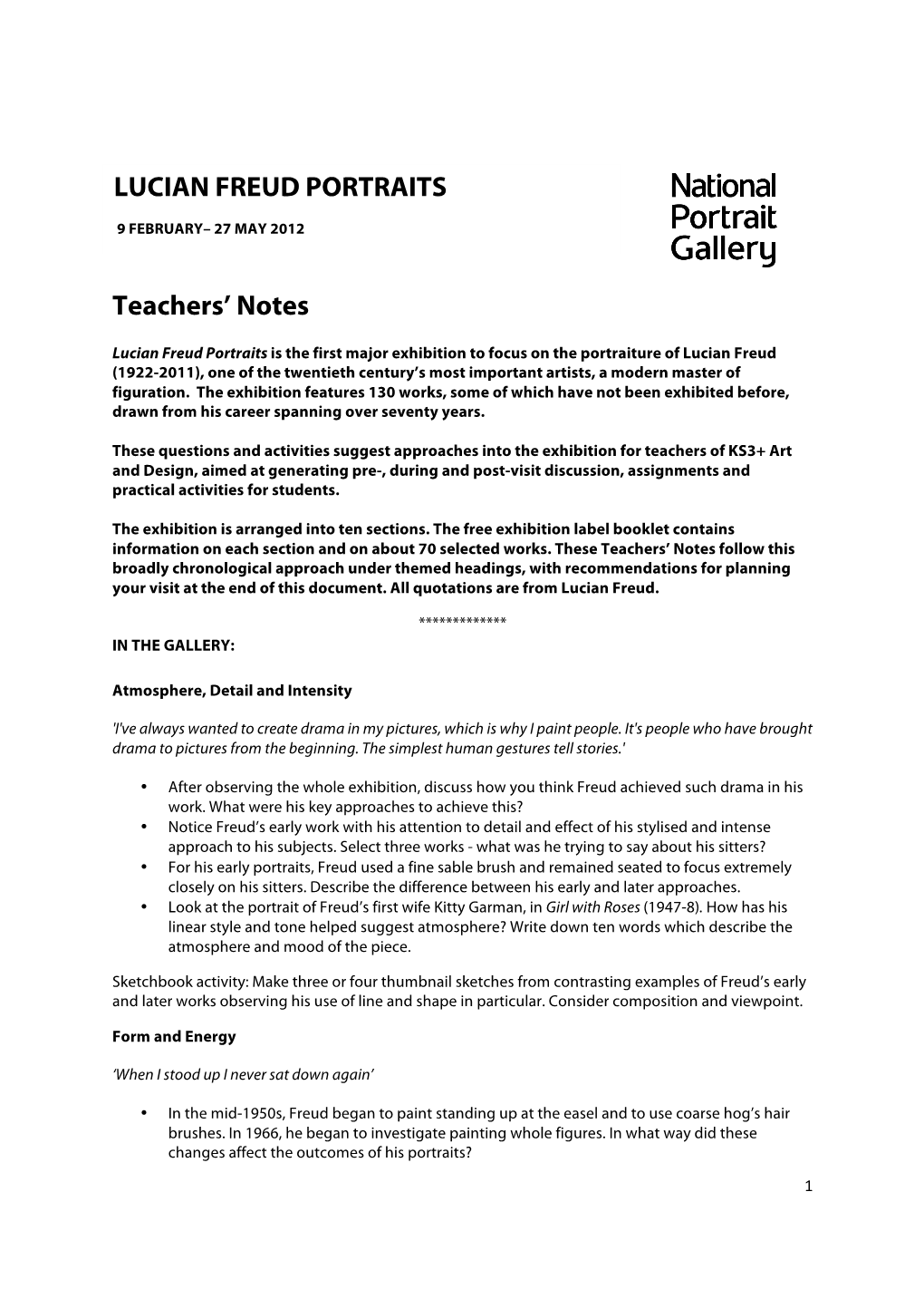 LUCIAN FREUD PORTRAITS Teachers' Notes