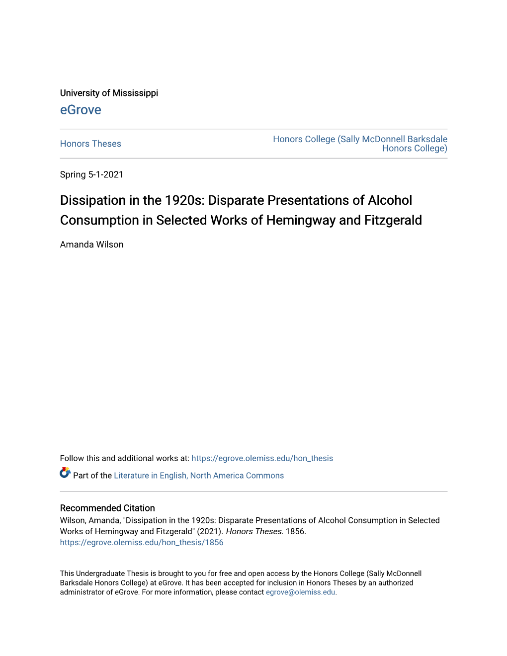 Disparate Presentations of Alcohol Consumption in Selected Works of Hemingway and Fitzgerald