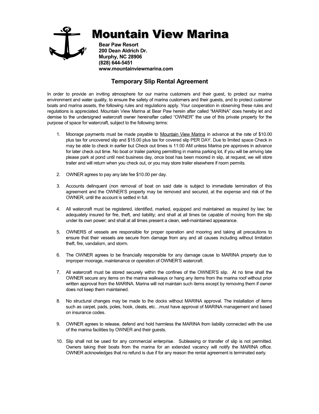 Temporary Slip Rental Agreement