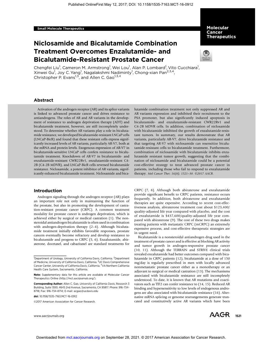 And Bicalutamide-Resistant Prostate Cancer Chengfei Liu1, Cameron M