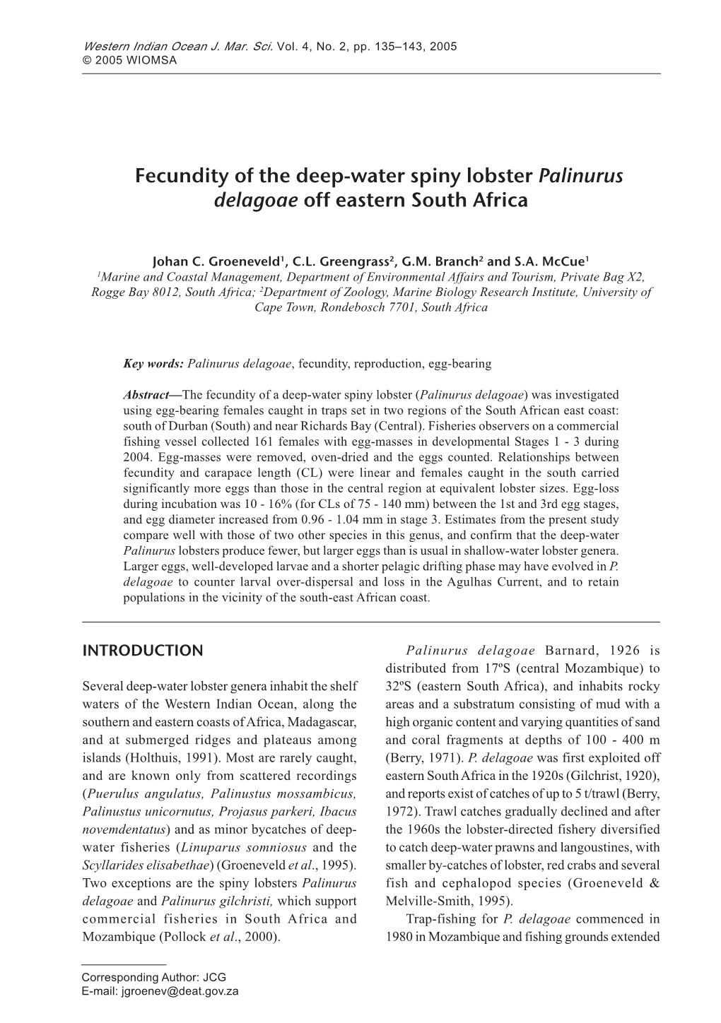 Fecundity of the Deep-Water Spiny Lobster Palinurus Delagoae Off Eastern South Africa