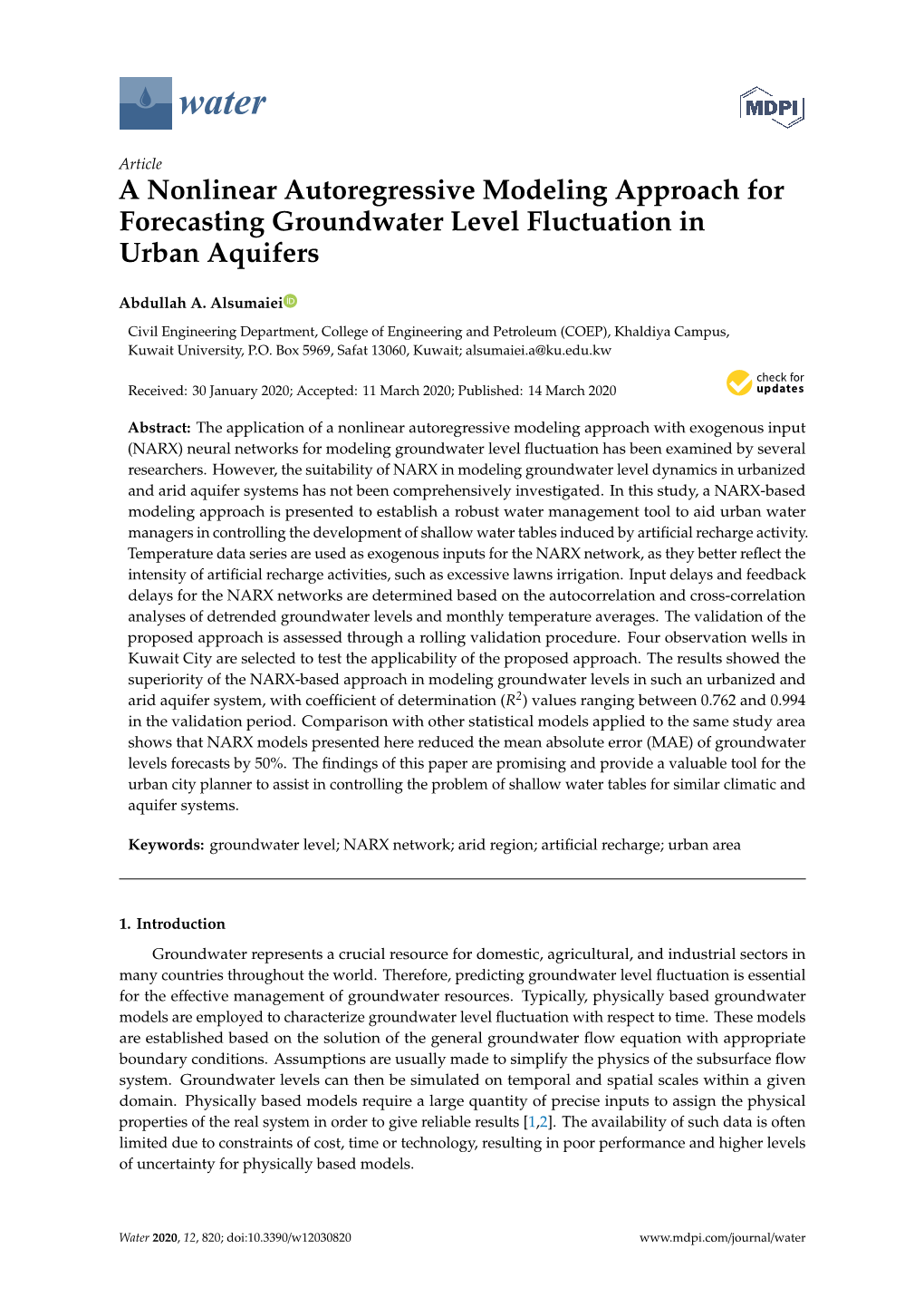 A Nonlinear Autoregressive Modeling Approach for Forecasting Groundwater Level Fluctuation in Urban Aquifers