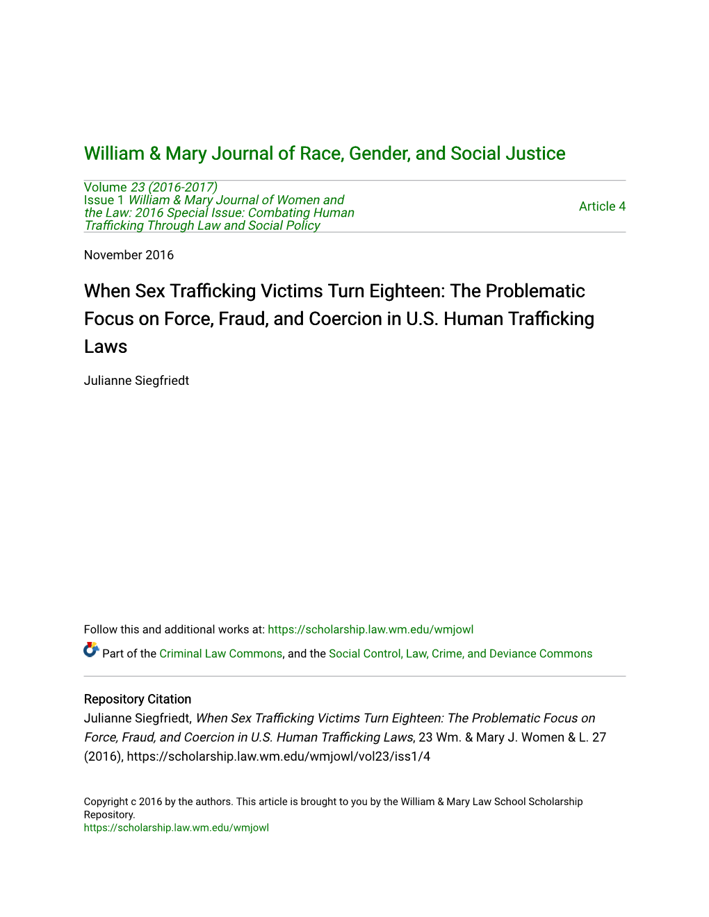 When Sex Trafficking Victims Turn Eighteen: the Problematic Focus on Force, Fraud, and Coercion in U.S