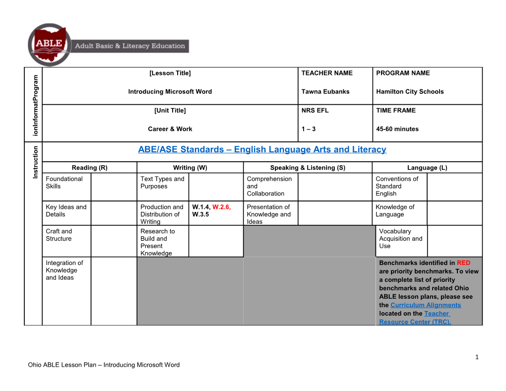 Ohio ABLE Lesson Plan Introducing Microsoft Word