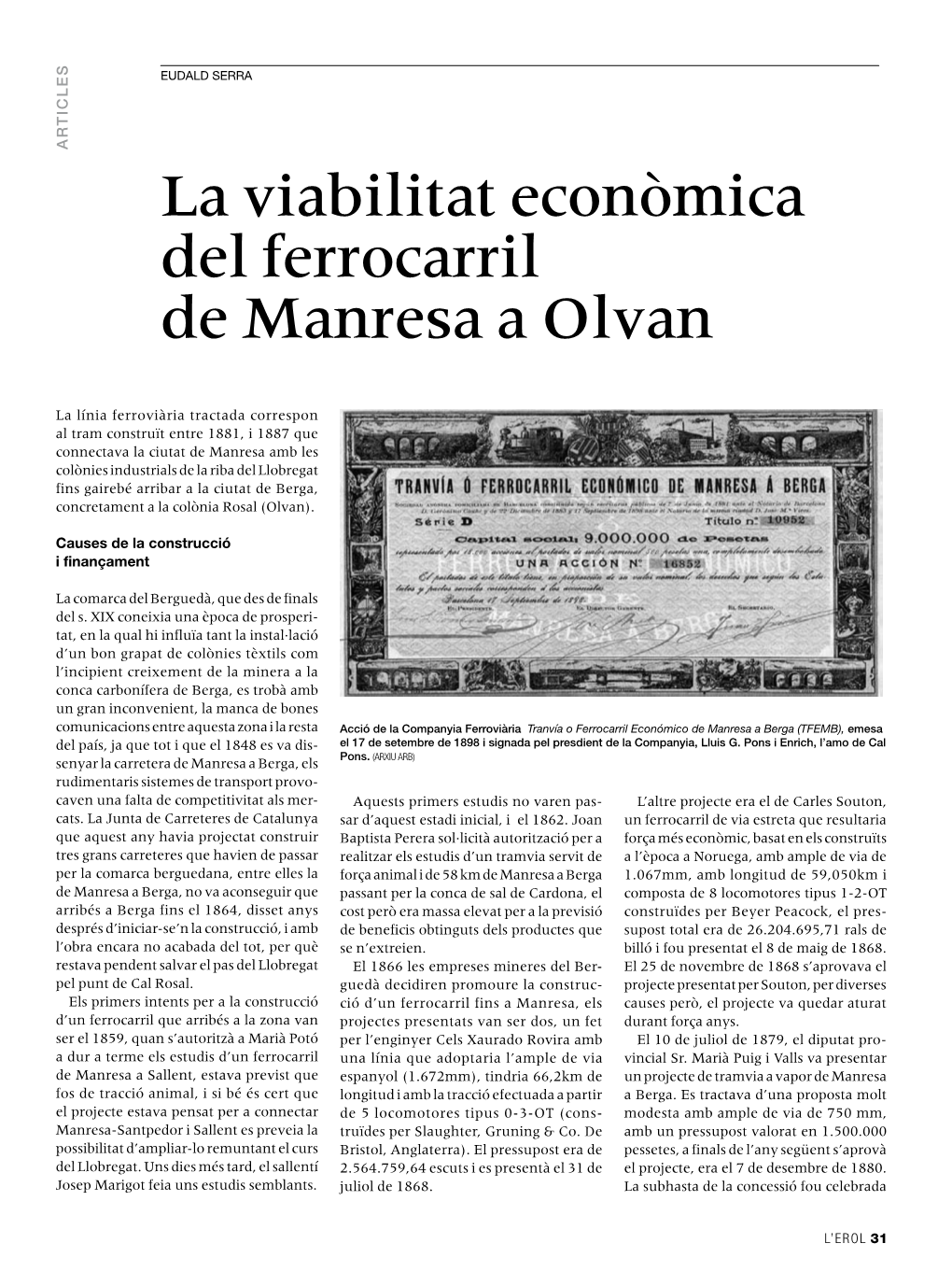 La Viabilitat Econòmica Del Ferrocarril De Manresa a Olvan