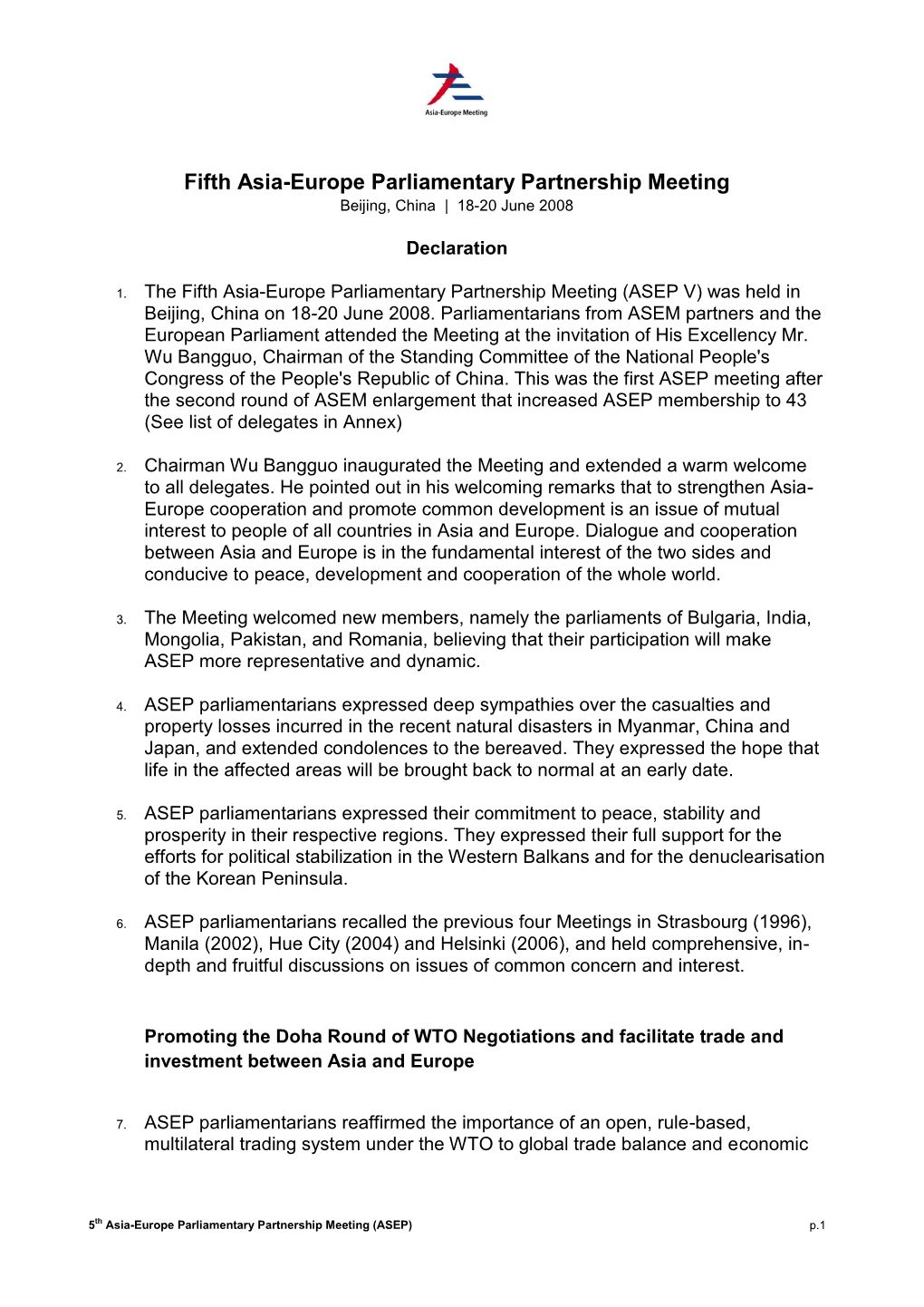 Fifth Asia-Europe Parliamentary Partnership Meeting Beijing, China | 18-20 June 2008