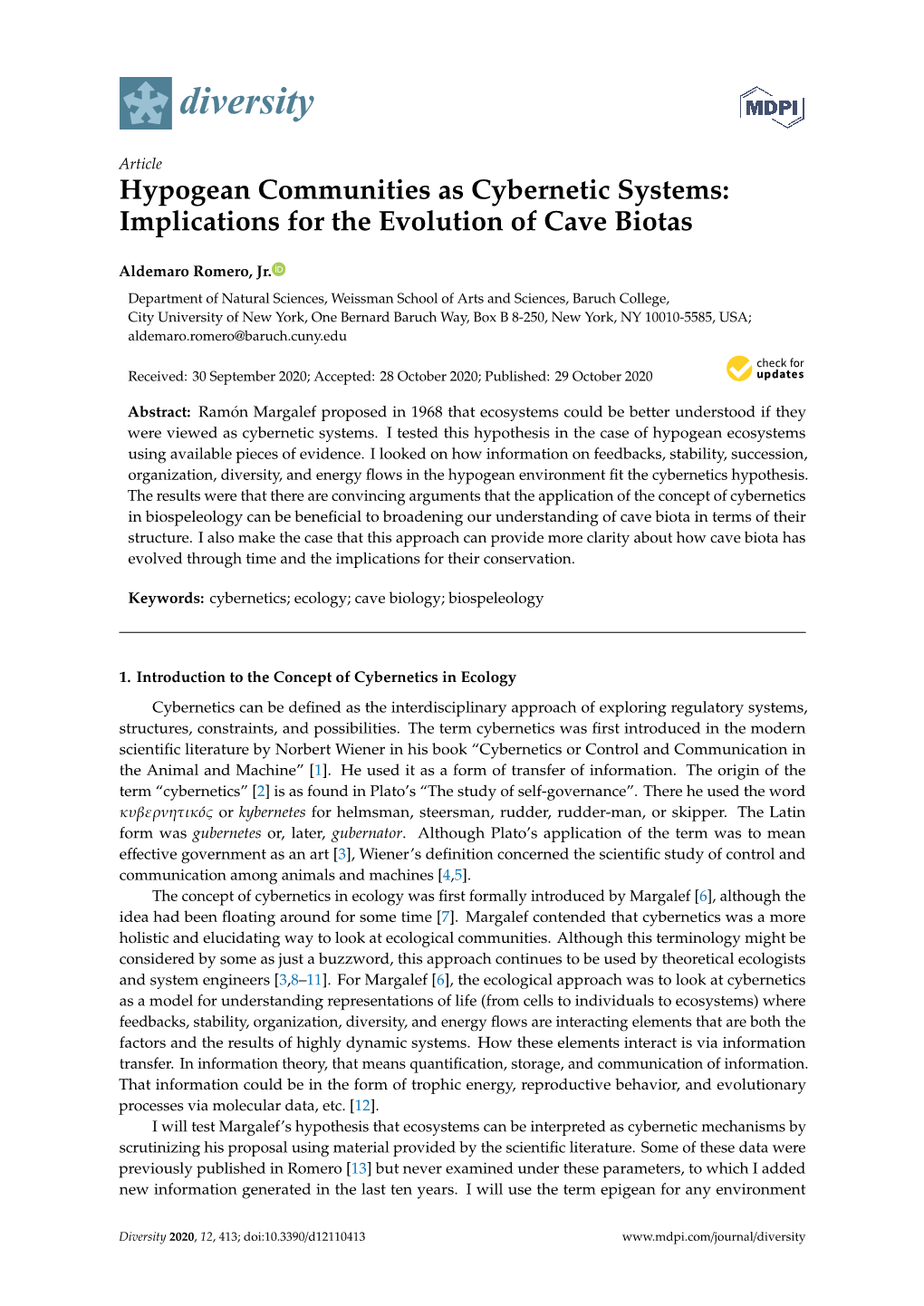 Hypogean Communities As Cybernetic Systems: Implications for the Evolution of Cave Biotas