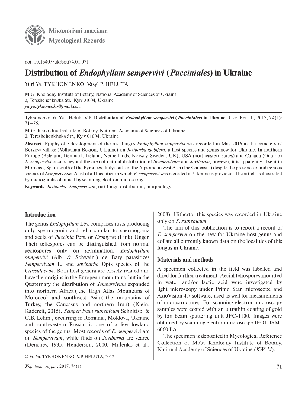 Distribution of Endophyllum Sempervivi (Pucciniales) in Ukraine Yuri Ya