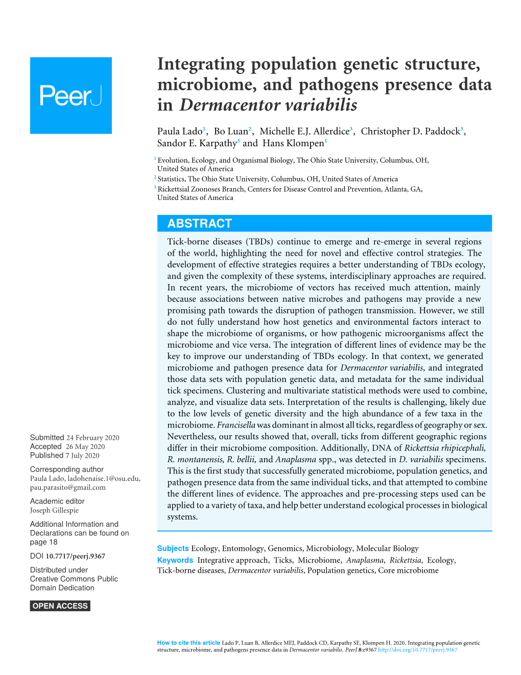 Integrating Population Genetic Structure, Microbiome, and Pathogens Presence Data in Dermacentor Variabilis