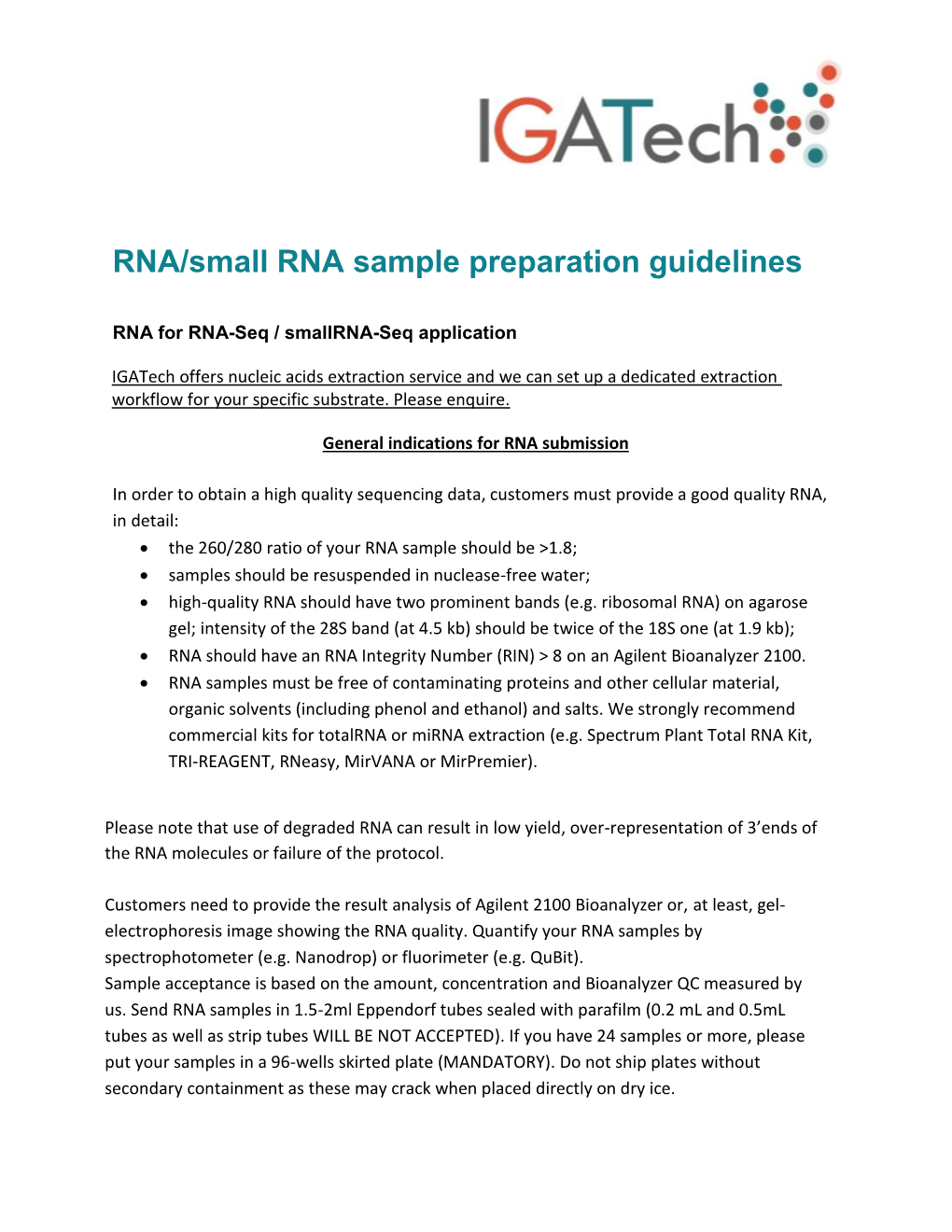 RNA/Small RNA Sample Preparation Guidelines