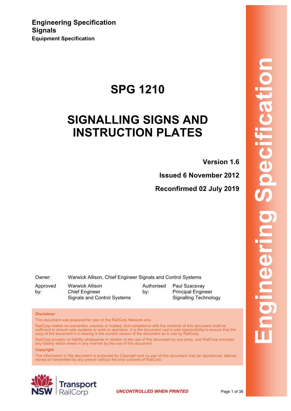 SPG 1210 Signalling Signs and Instruction Plates