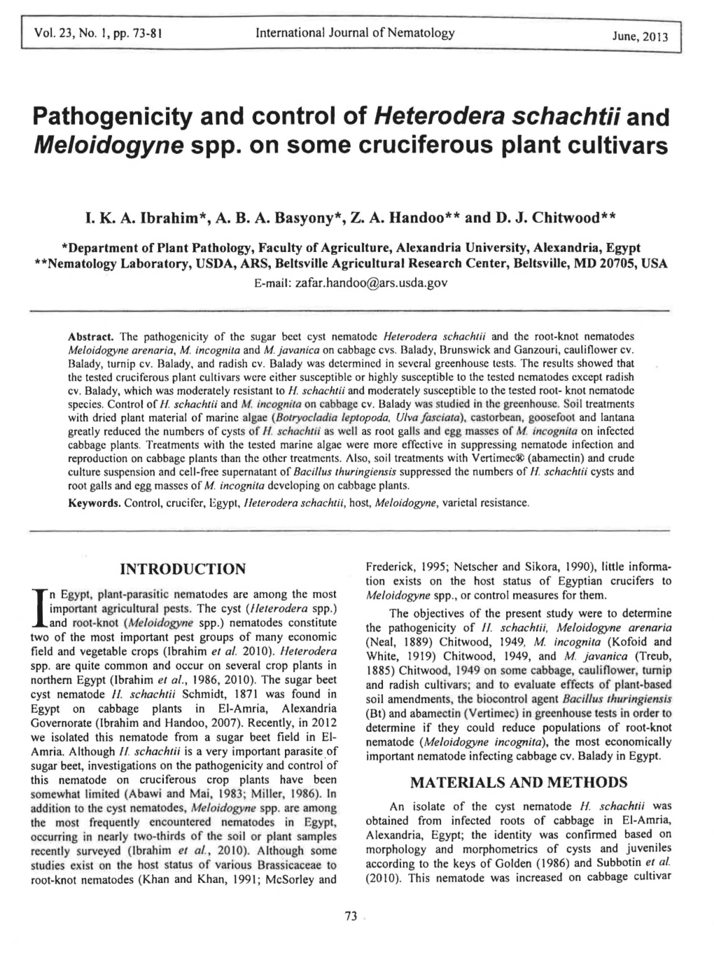 Pathogenicity and Control of Heterodera Schacht;; and Me/Oidogyne Spp