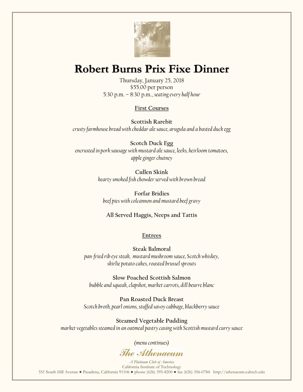 Robert Burns Prix Fixe Dinner Menu