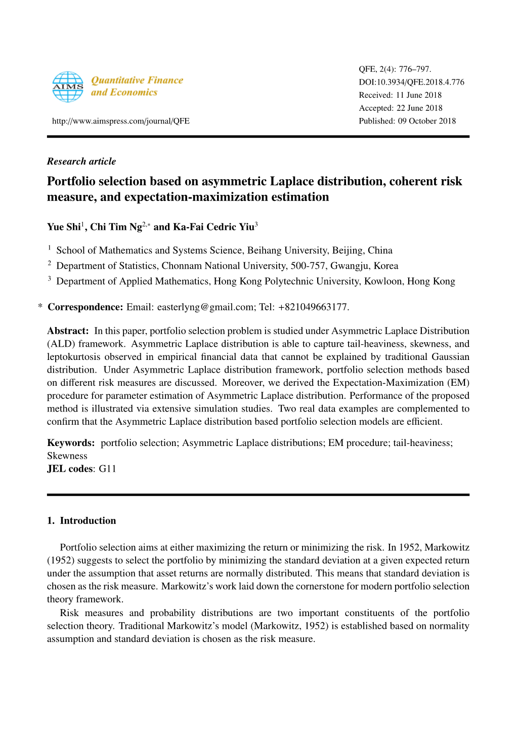 Portfolio Selection Based on Asymmetric Laplace Distribution, Coherent Risk Measure, and Expectation-Maximization Estimation