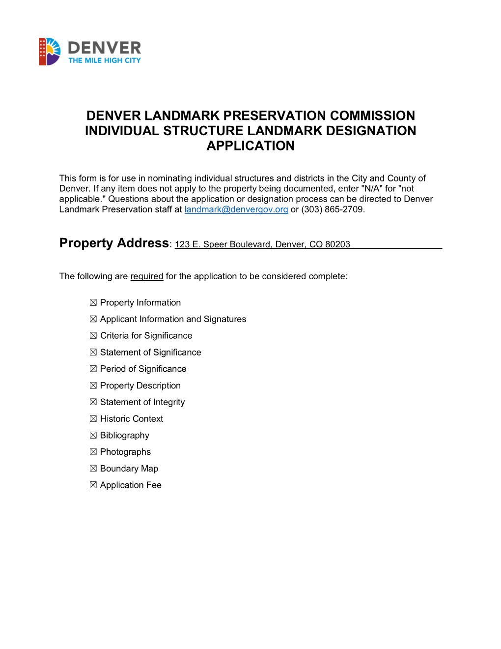 Denver Landmark Preservation Commission Individual Structure Landmark Designation Application