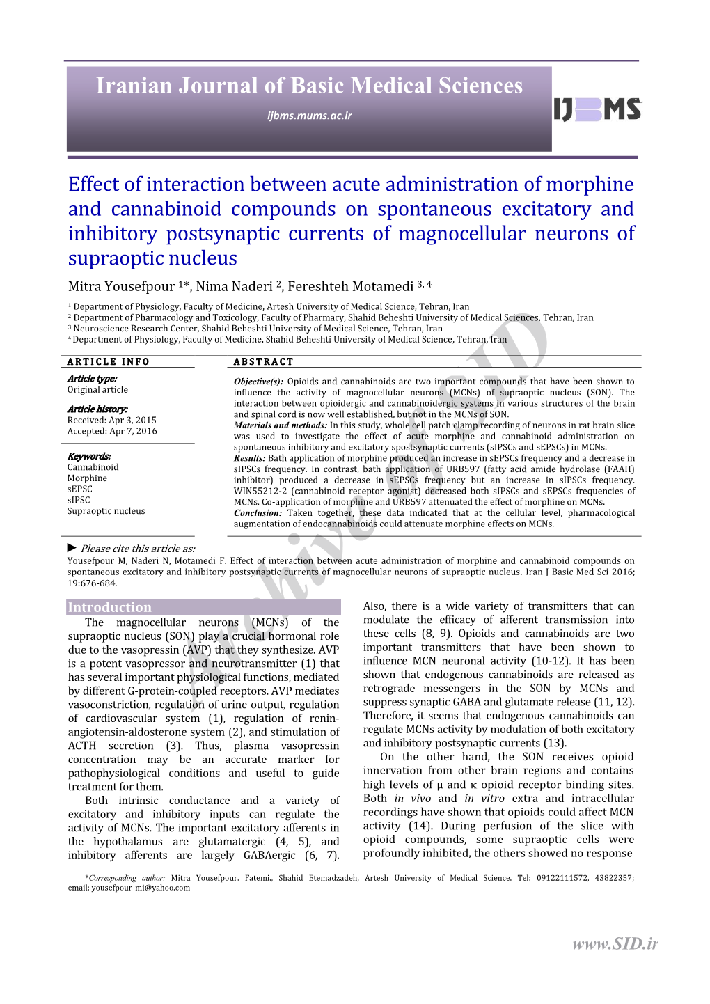 Effect of Interaction Between Acute Administration of Morphine