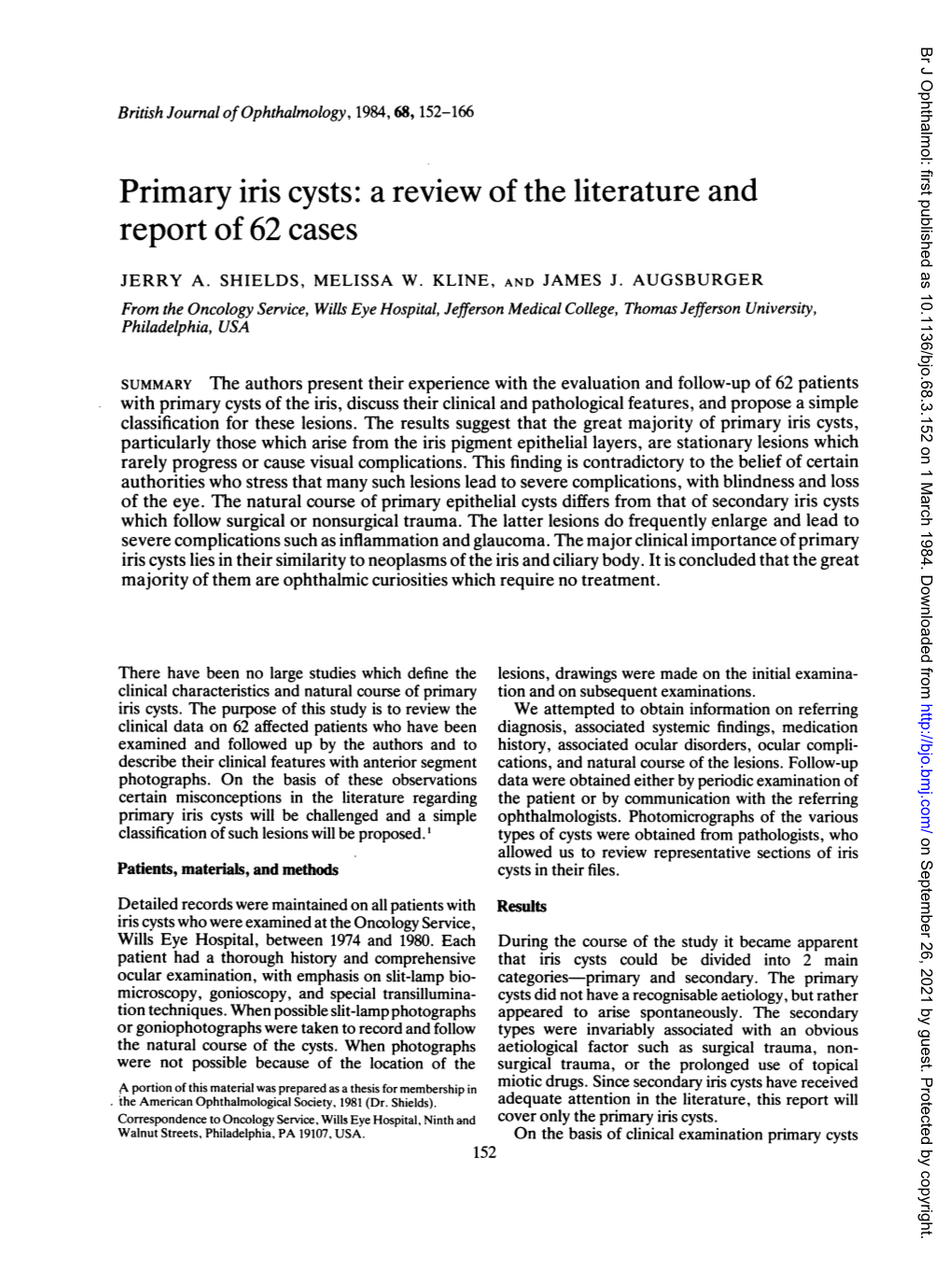 Primary Iriscysts: a Review of the Literature and Report of 62 Cases