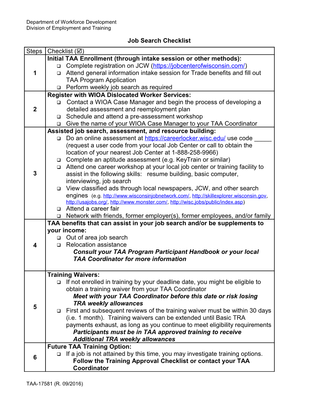 TAA-17581, Job Search Checklist