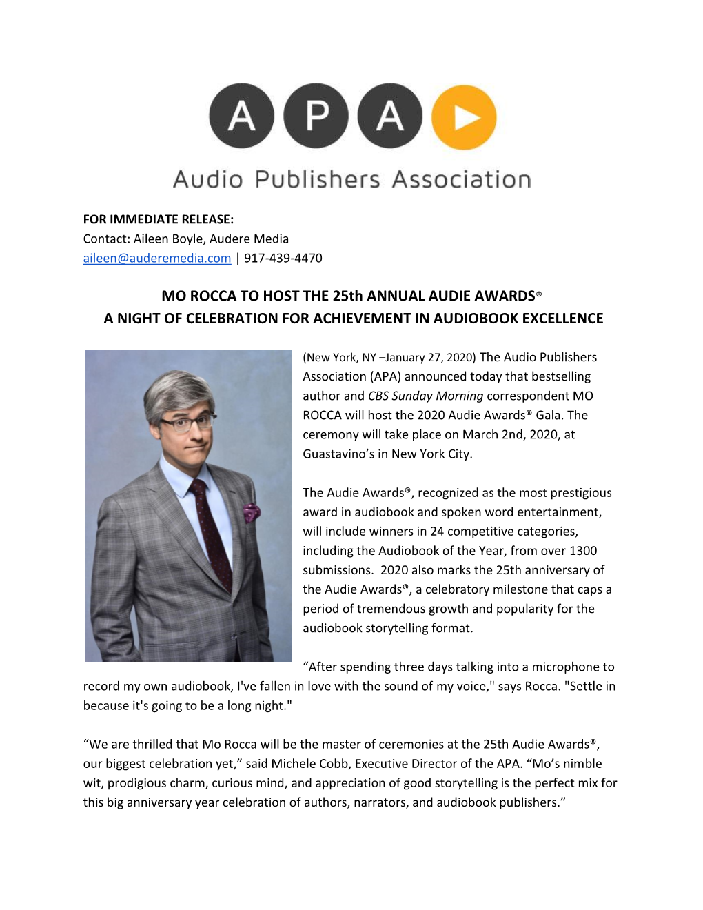 MO ROCCA to HOST the 25Th ANNUAL AUDIE AWARDS® a NIGHT of CELEBRATION for ACHIEVEMENT in AUDIOBOOK EXCELLENCE