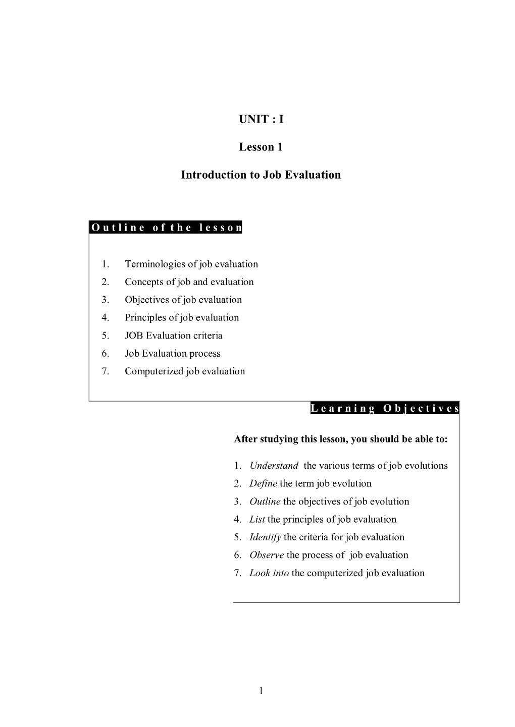 UNIT : I Lesson 1 Introduction to Job Evaluation