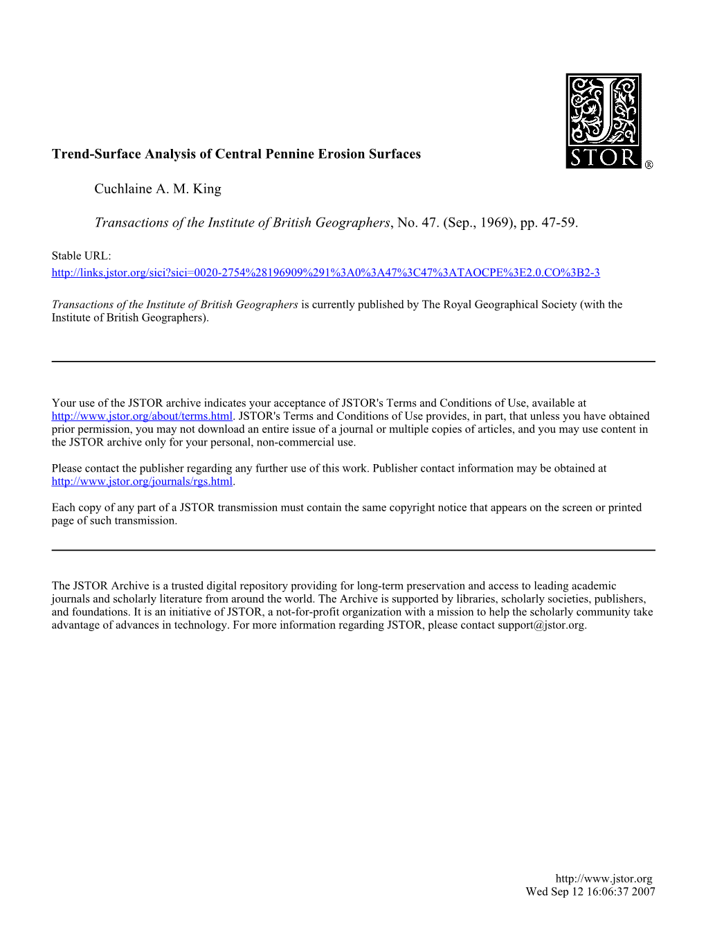 Trend-Surface Analysis of Central Pennine Erosion Surfaces