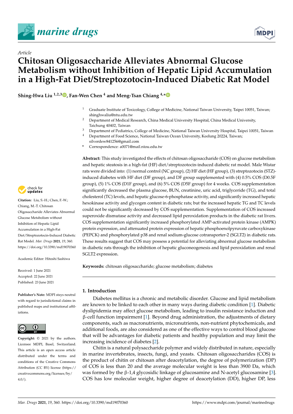 Chitosan Oligosaccharide Alleviates Abnormal Glucose Metabolism