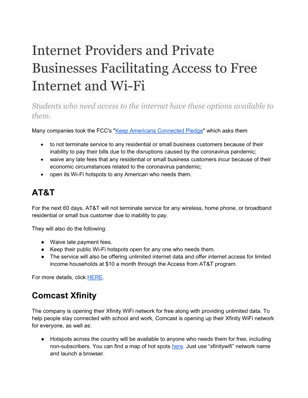 Internet Providers and Private Businesses Facilitating Access to Free Internet and Wi-Fi