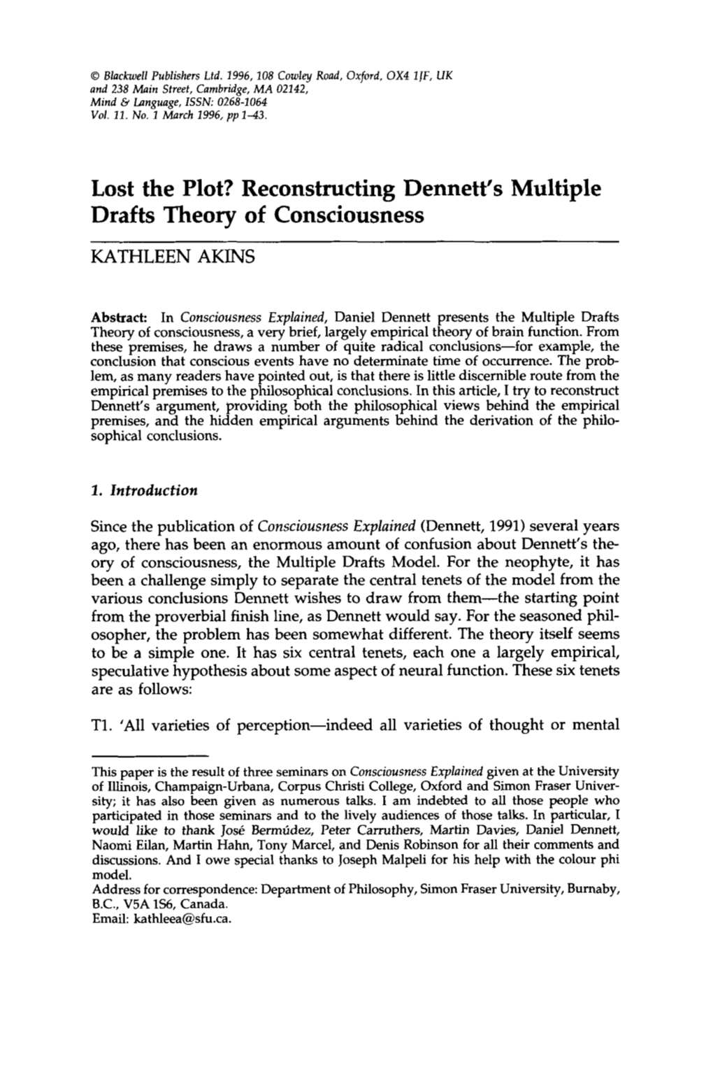 Reconstructing Dennett's Multiple Drafts Theory of Consciousness