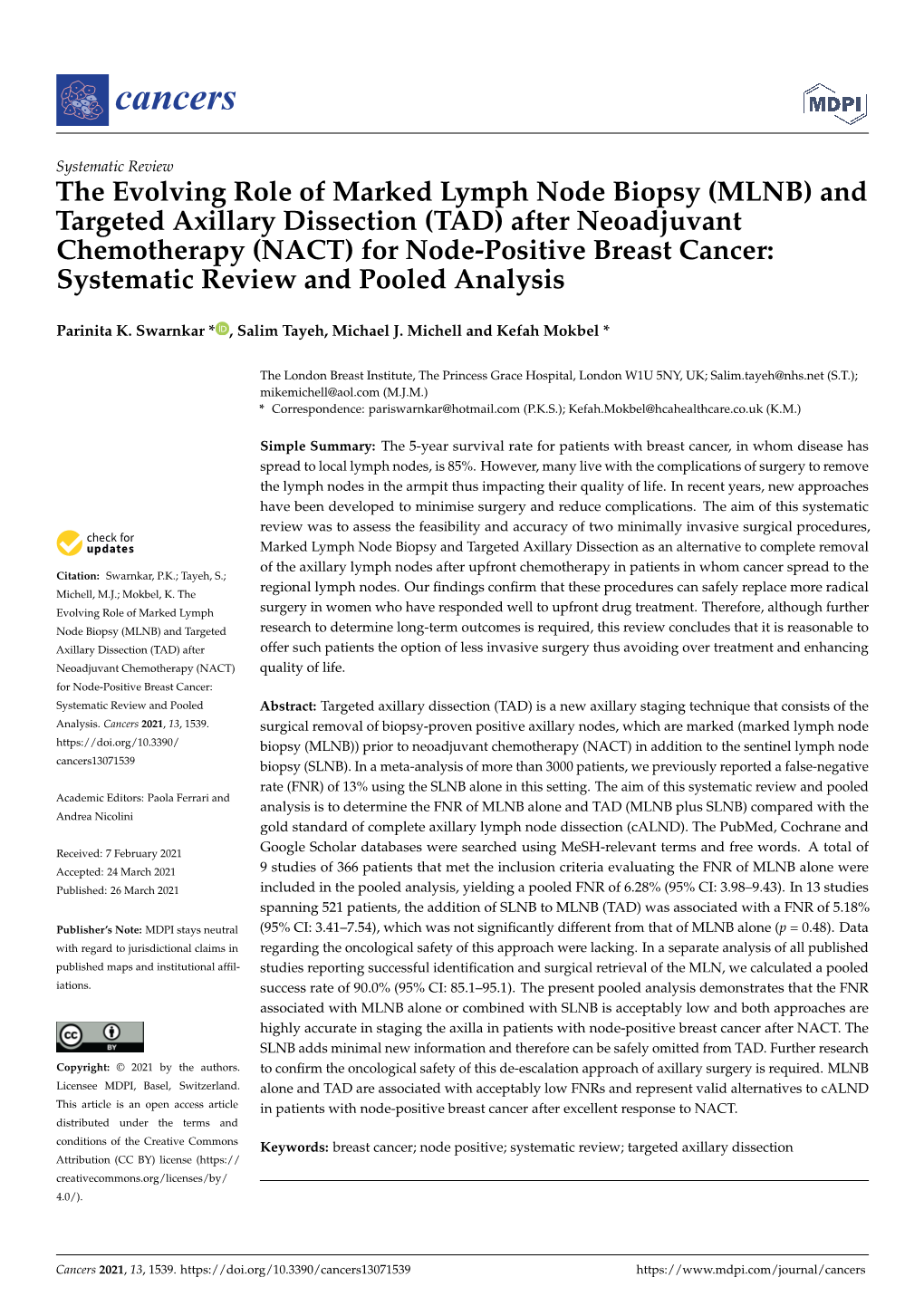 And Targeted Axillary Dissection (TAD) After Neoadjuvant Chemotherapy (NACT) for Node-Positive Breast Cancer: Systematic Review and Pooled Analysis