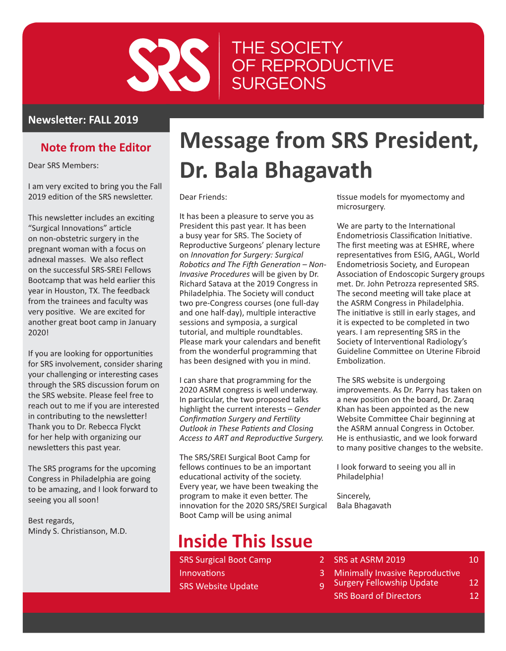 Message from SRS President, Dr. Bala Bhagavath