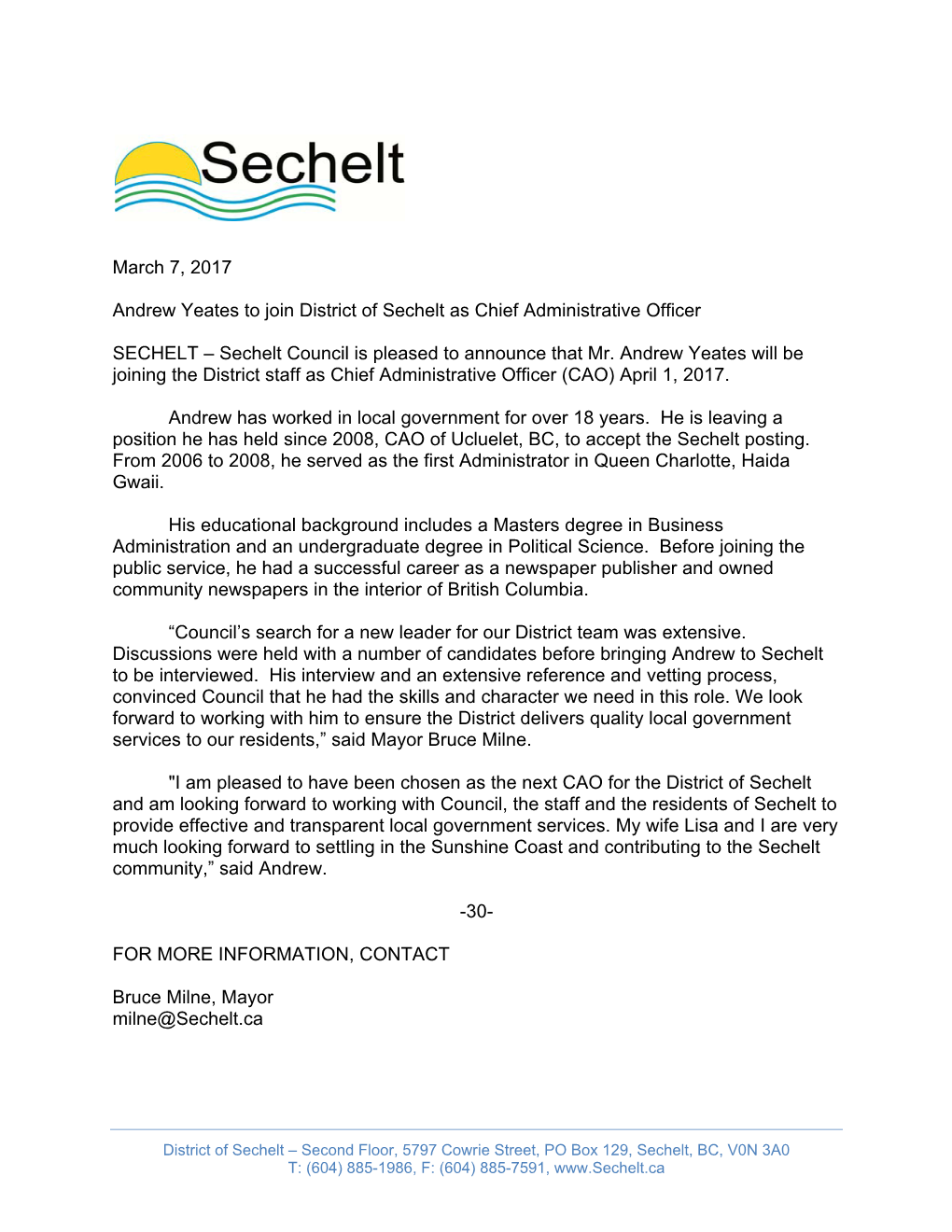 March 7, 2017 Andrew Yeates to Join District of Sechelt As Chief