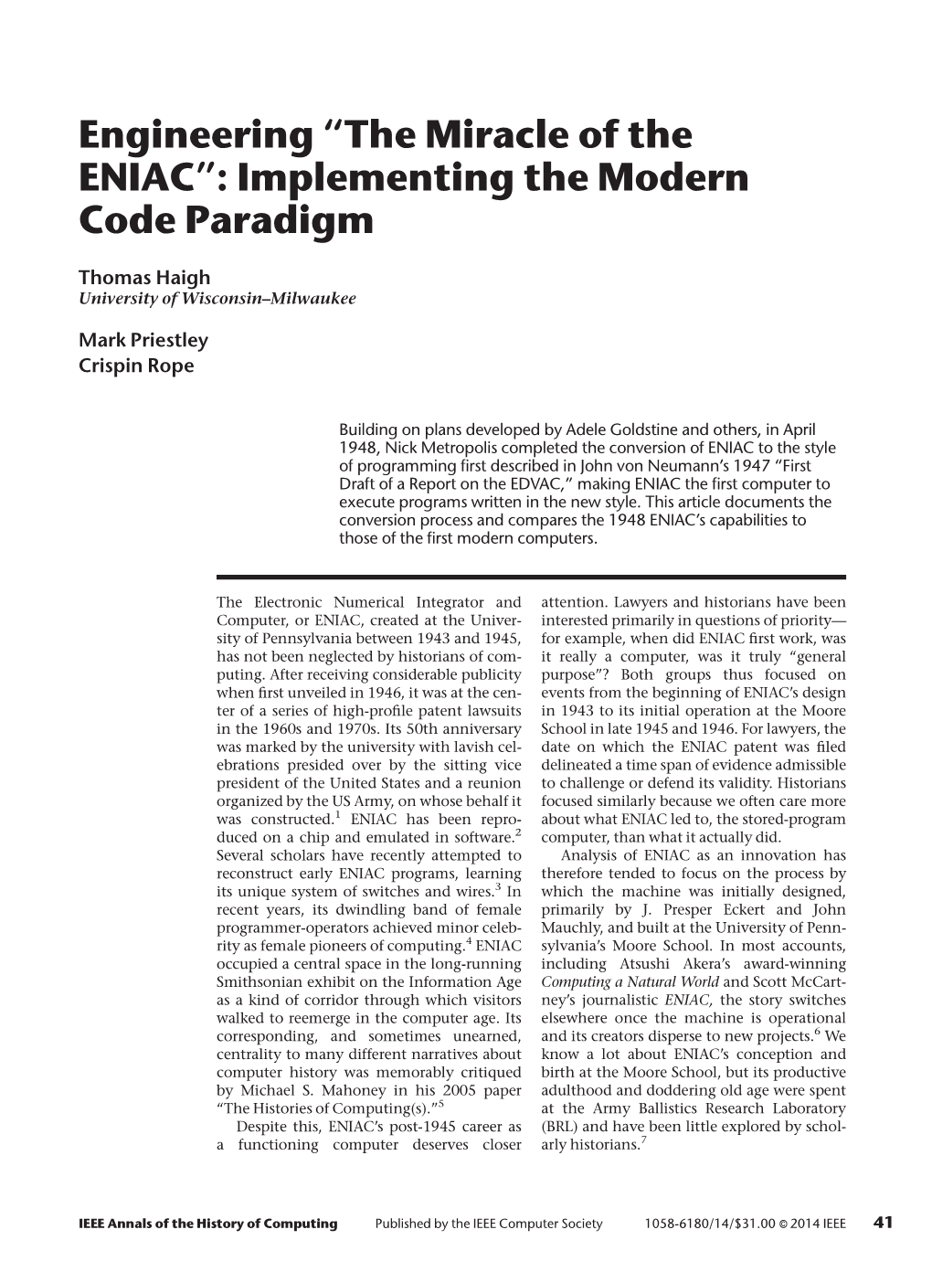 Engineering “The Miracle of the ENIAC”: Implementing the Modern Code Paradigm