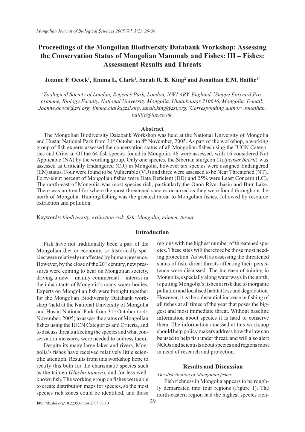 Assessing the Conservation Status of Mongolian Mammals and Fishes: III – Fishes: Assessment Results and Threats