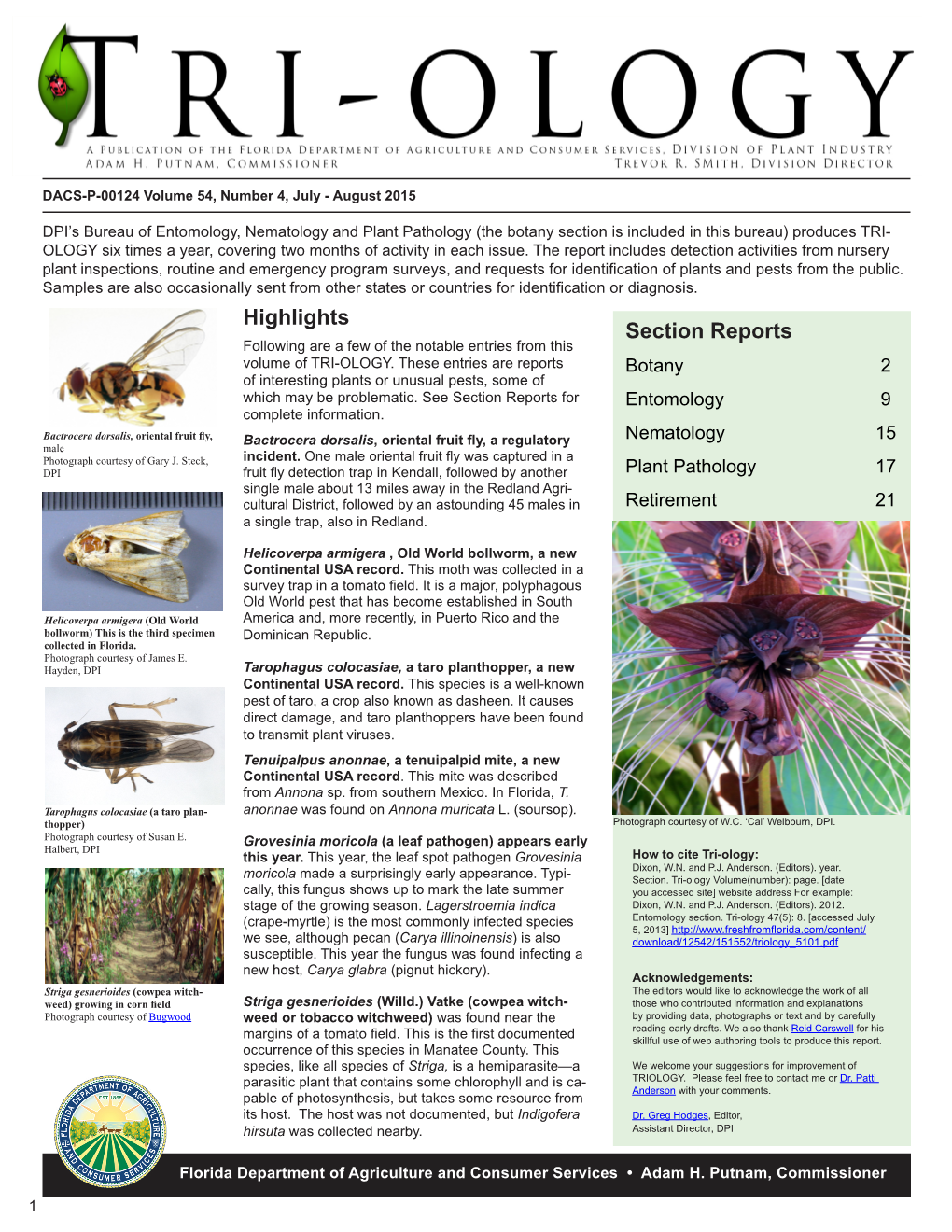 Highlights Section Reports Following Are a Few of the Notable Entries from This Volume of TRI-OLOGY