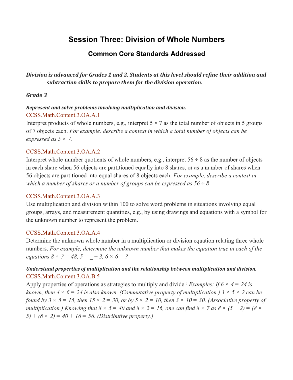 Session Three: Division of Whole Numbers