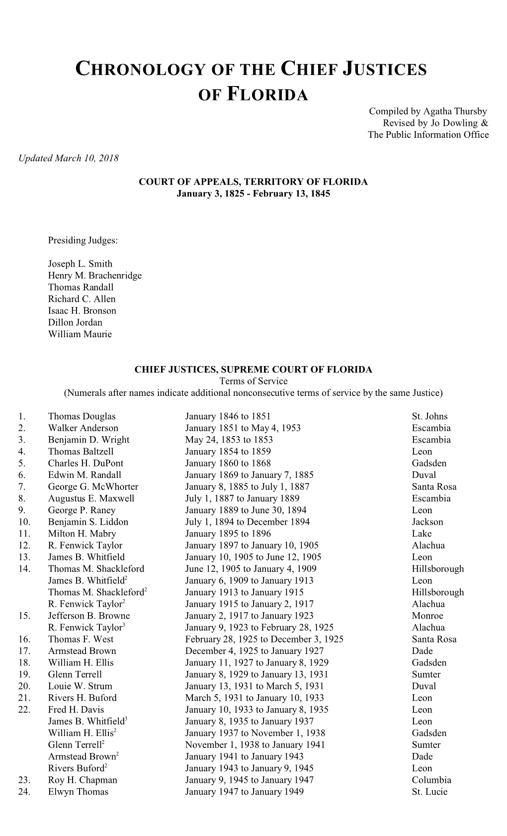 CHRONOLOGY of the CHIEF JUSTICES of FLORIDA Compiled by Agatha Thursby Revised by Jo Dowling & the Public Information Office