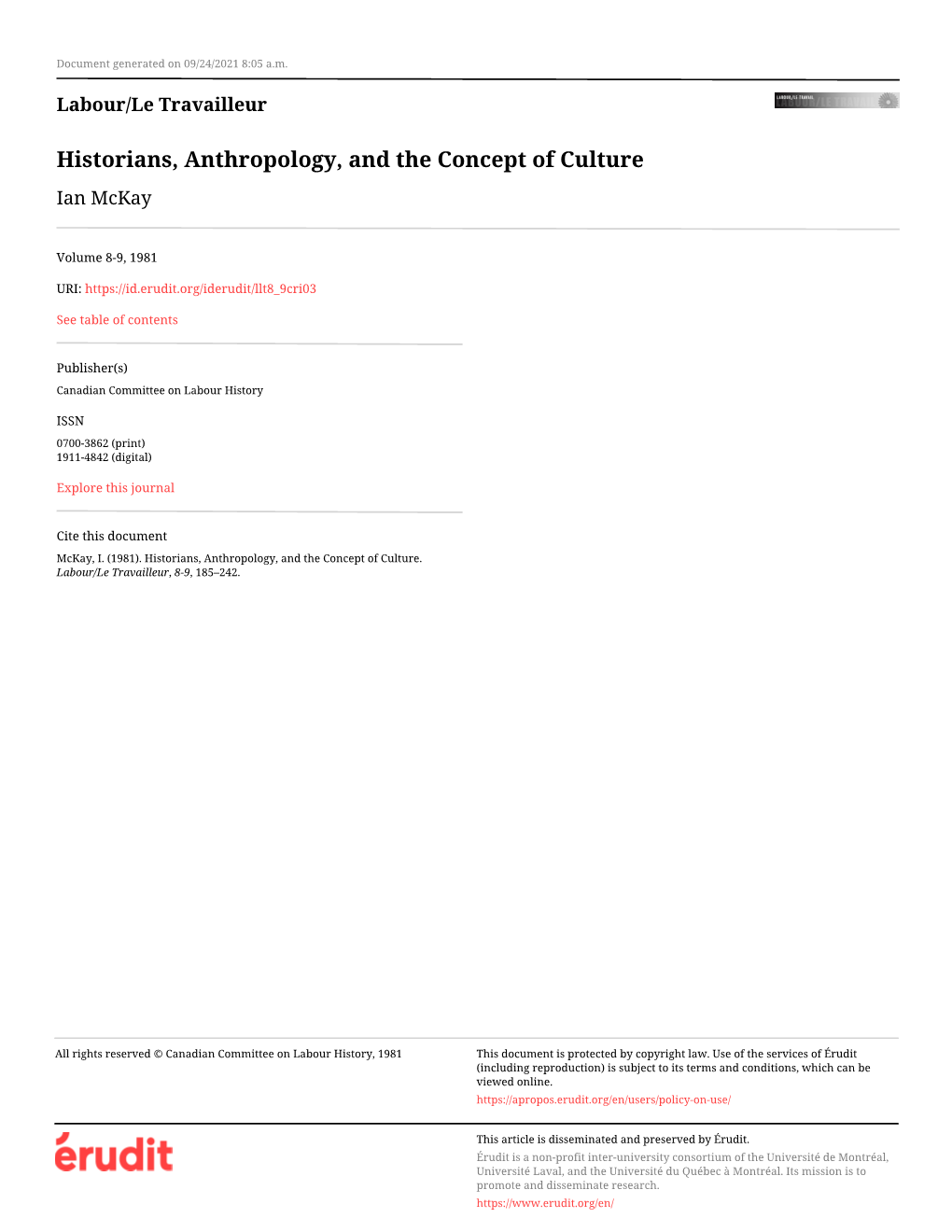 Historians, Anthropology, and the Concept of Culture Ian Mckay