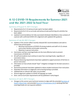 K-12 COVID-19 Requirements 2021-2022 School Year