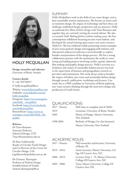 Qualifications: Academic Roles Holly Mcquillan
