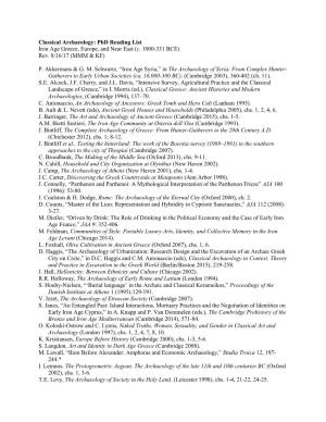 Classical Archaeology: Phd Reading List Iron Age Greece, Europe, and Near East (C