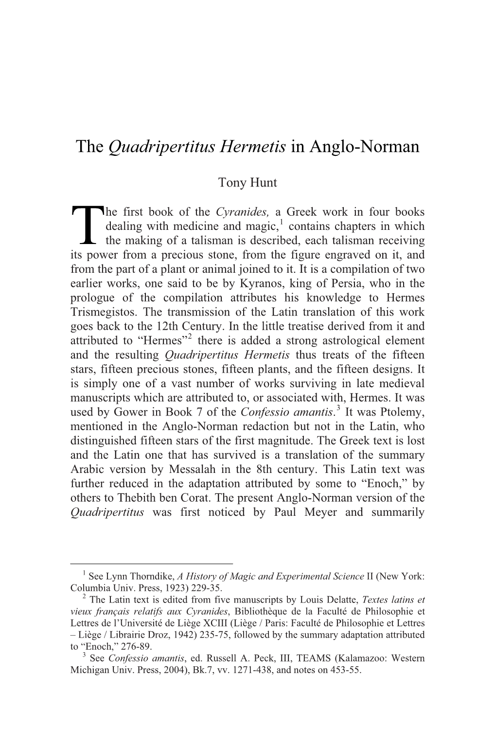 The Quadripertitus Hermetis in Anglo-Norman