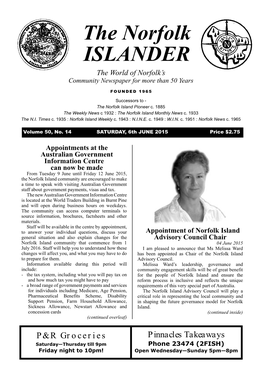 The Norfolk ISLANDER the World of Norfolk’S Community Newspaper for More Than 50 Years