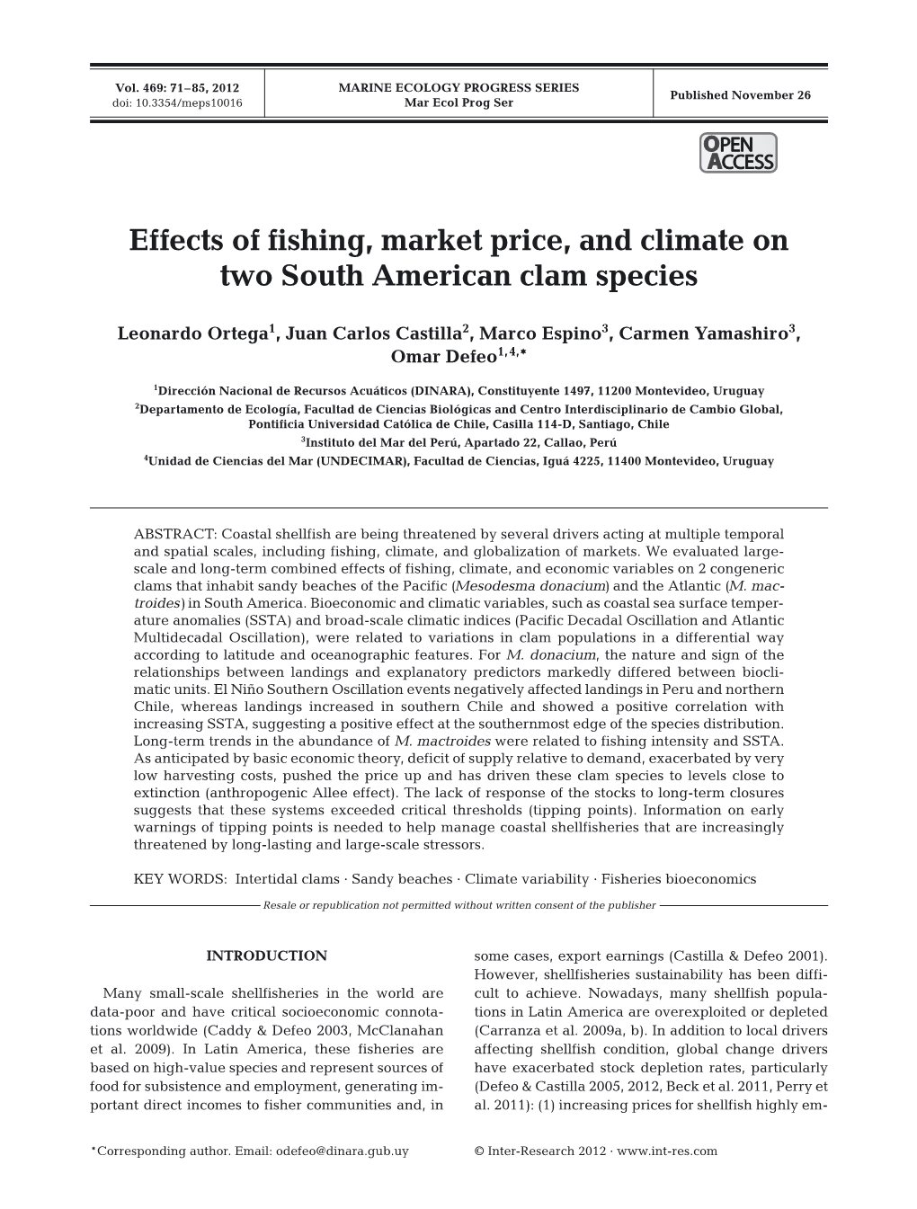 Effects of Fishing, Market Price, and Climate on Two South American Clam Species