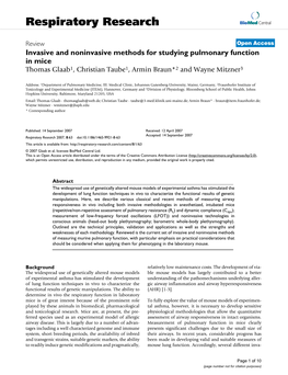 Invasive and Noninvasive Methods for Studying Pulmonary Function in Mice Thomas Glaab1, Christian Taube1, Armin Braun*2 and Wayne Mitzner3