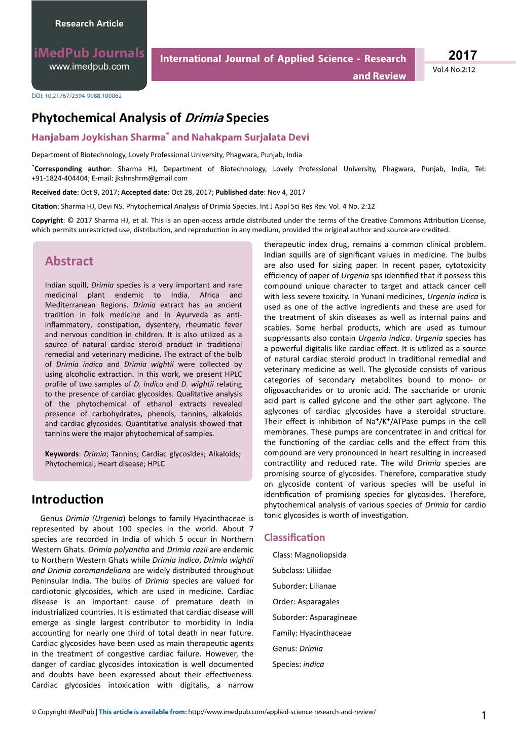 Phytochemical Analysis of Drimia Species Hanjabam Joykishan Sharma* and Nahakpam Surjalata Devi