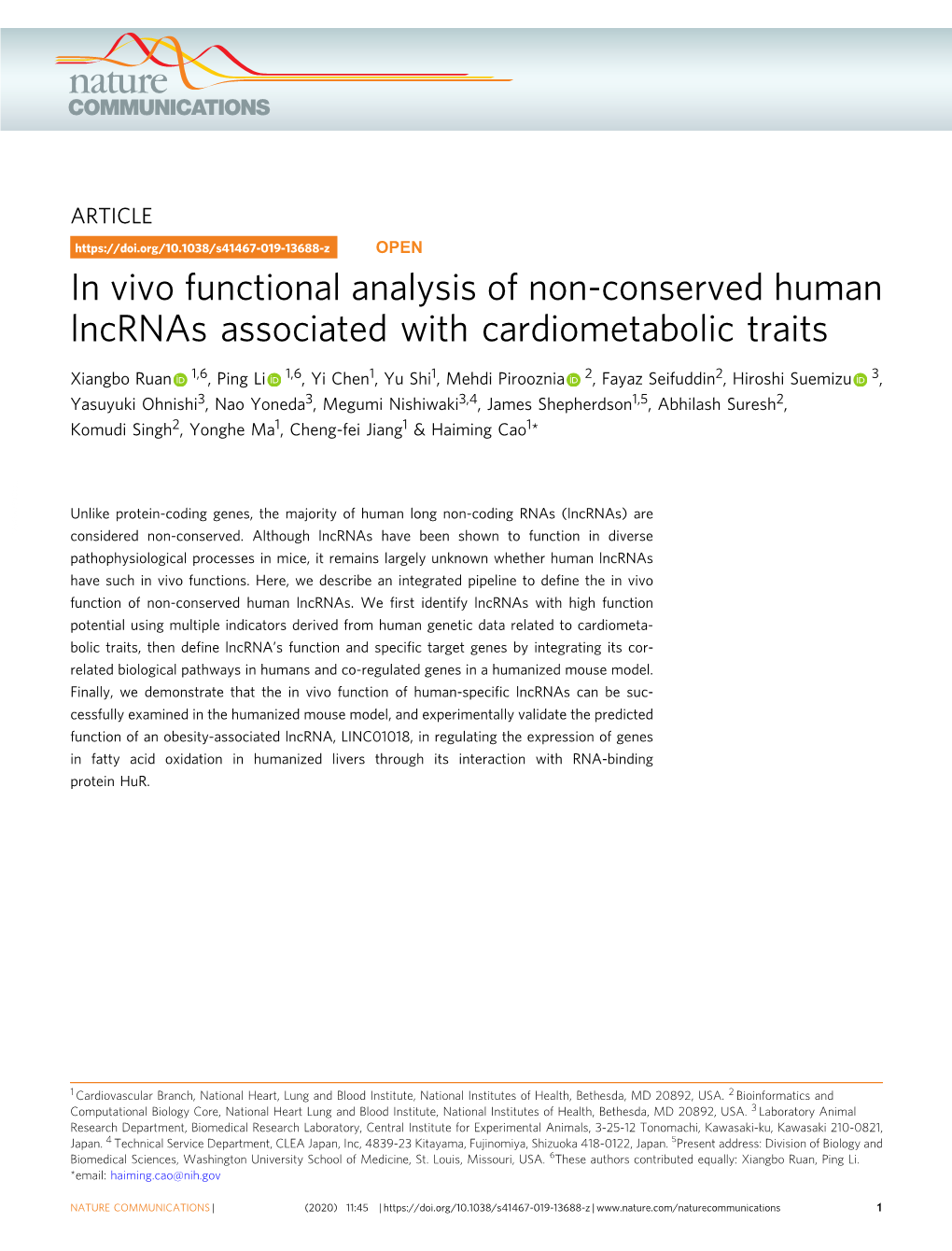 In Vivo Functional Analysis of Non-Conserved Human Lncrnas Associated with Cardiometabolic Traits