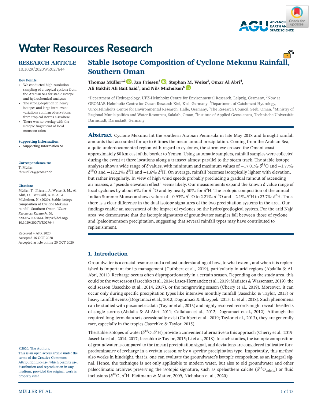 Stable Isotope Composition of Cyclone Mekunu Rainfall, Southern Oman